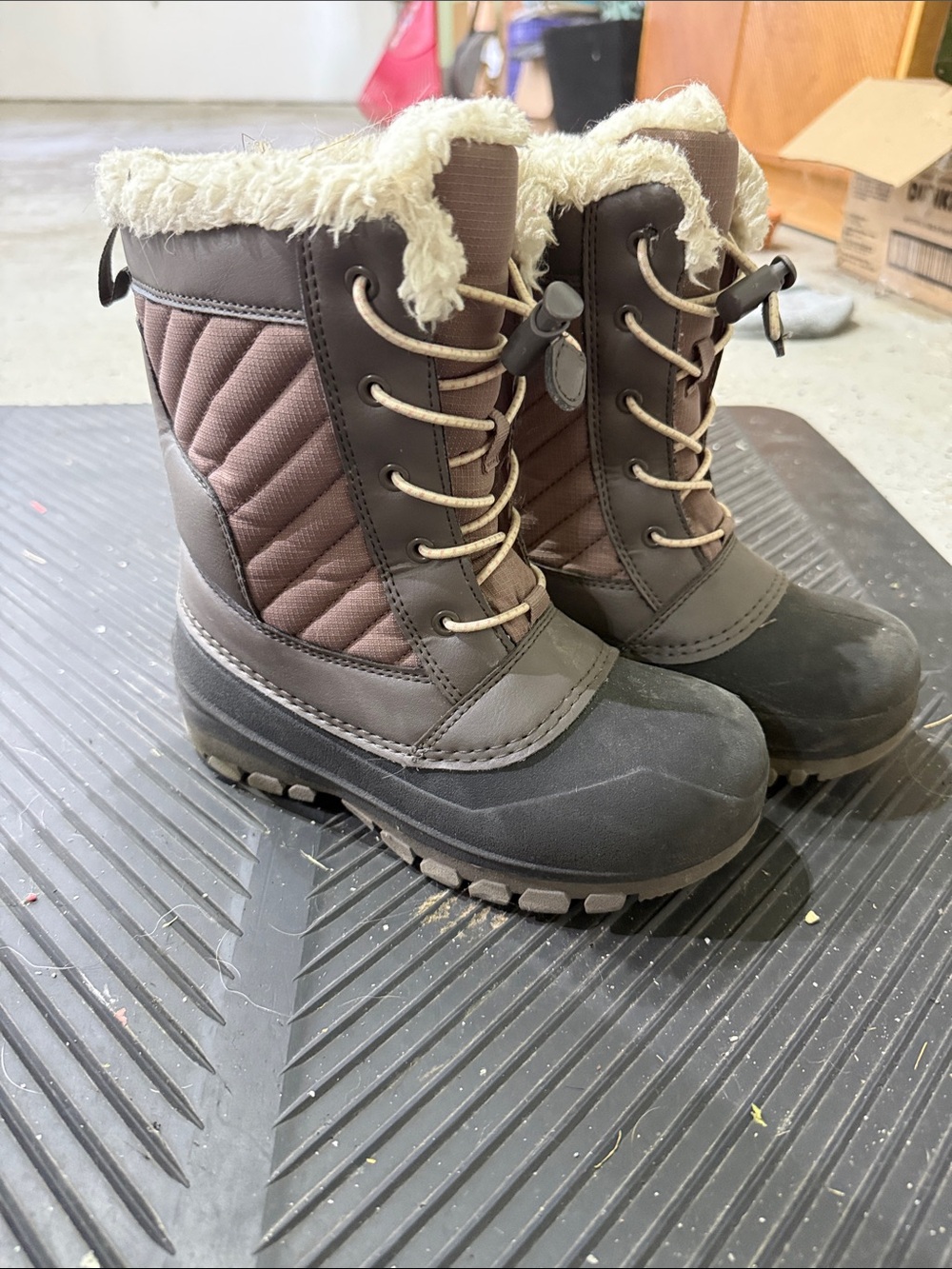Kids Brown Insulated Winter Boots with Faux Fur Collar